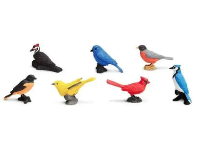 Collection of colorful toy bird figurines representing different species.