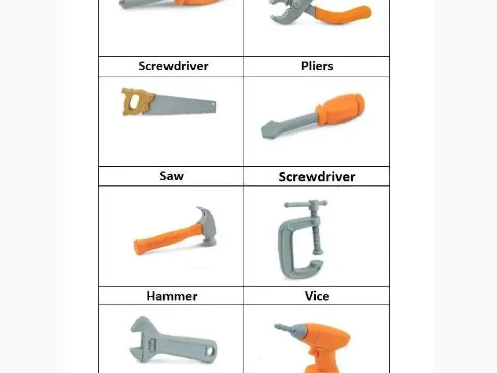 Collection of common hand tools and power tools with labels identifying each one.