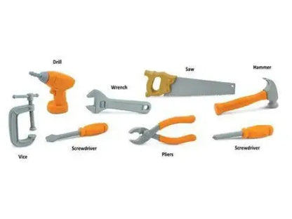 Collection of common hand tools and hardware including a drill, wrench, saw, hammer, pliers, screwdrivers, and vise.