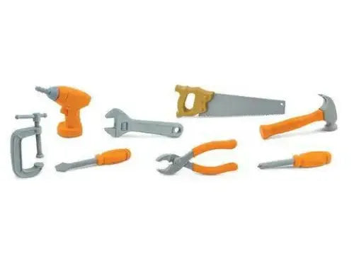 Set of toy tools including a drill, saw, hammer, wrenches, and pliers.
