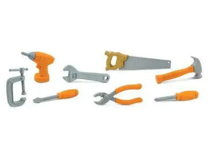 Set of toy tools including a drill, saw, hammer, wrenches, and pliers.