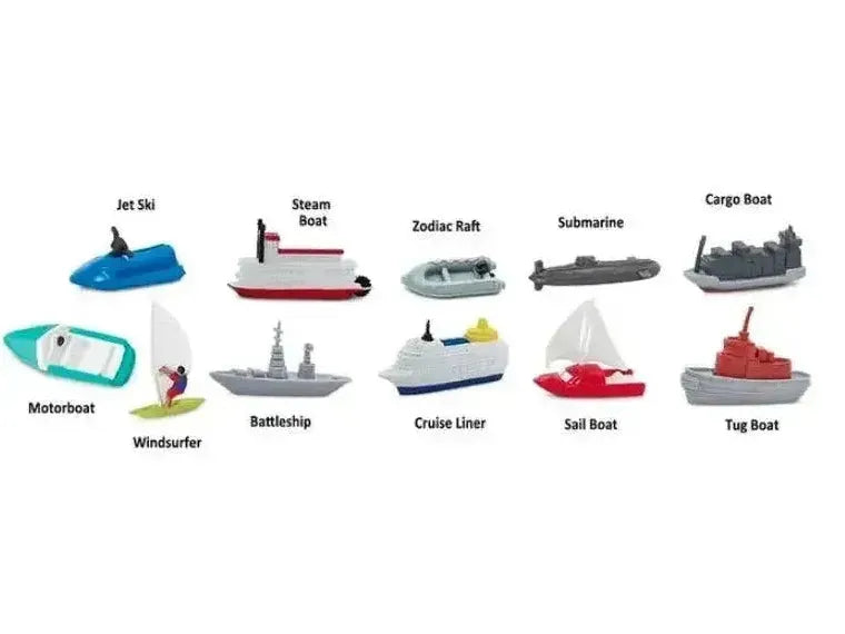 Collection of illustrated toy boat and ship models representing various watercraft types.