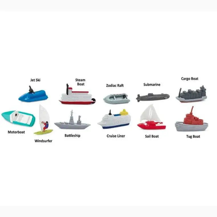 Collection of illustrated toy boat and ship models representing various watercraft types.