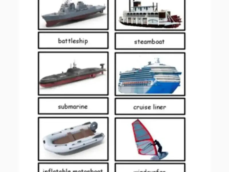 Collection of labeled images showing different types of watercraft and vessels.
