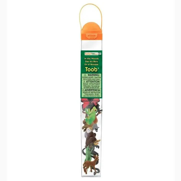 Clear plastic tube containing small toy dinosaur figures with an orange cap and green label.