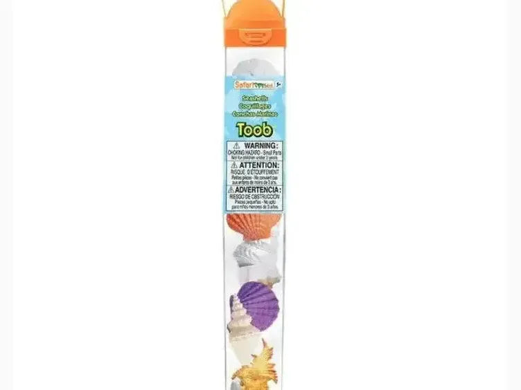 Clear plastic tube containing small toy dinosaur figures with an orange cap.