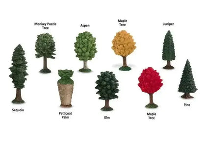 Collection of miniature tree models representing different species, including conifers and deciduous trees.