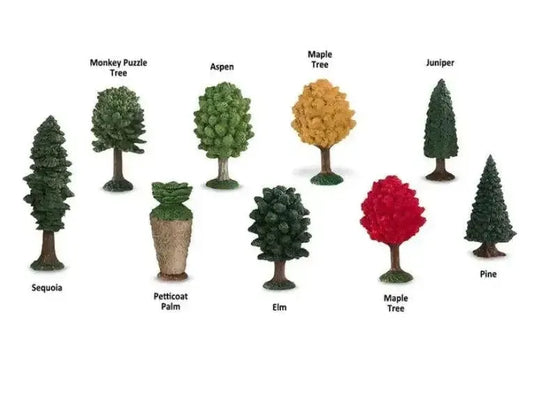 Collection of miniature tree models representing different species, including conifers and deciduous trees.