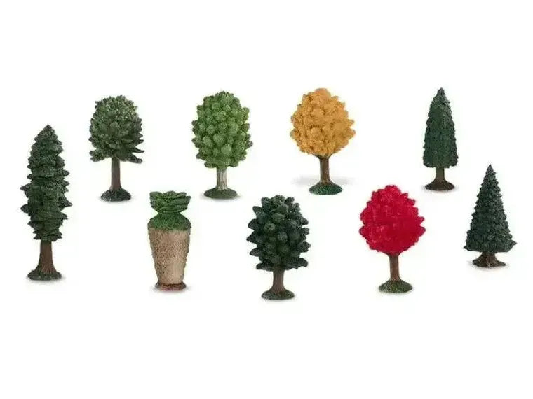 Collection of miniature model trees in various shapes and colors.