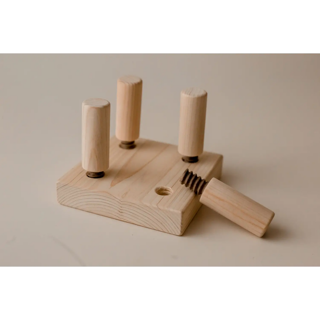 Wooden toy with pegs and screw.