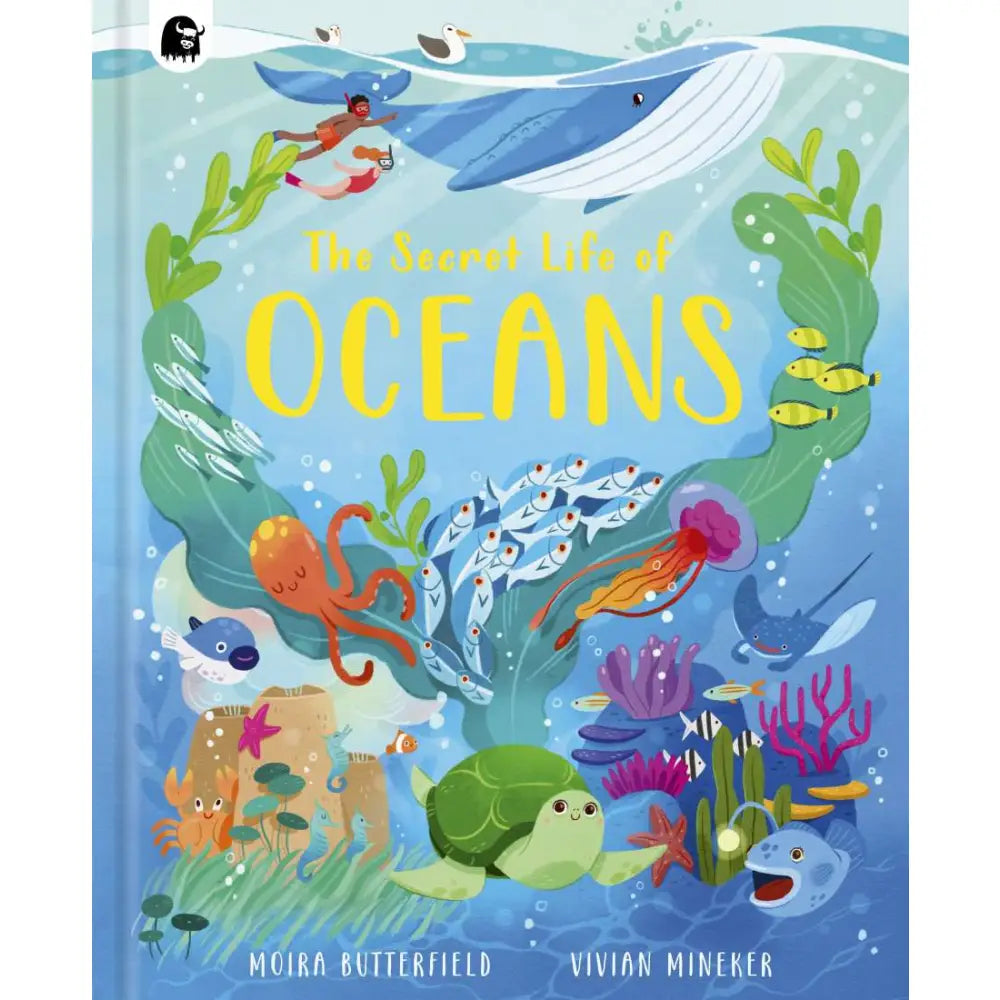 Book cover titled ’The Secret Life of Oceans’ featuring colorful illustrations of various sea creatures and underwater life.