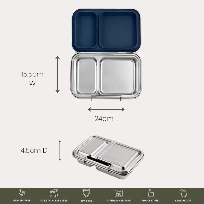 Stainless steel bento-style lunch container with two compartments and a lid.