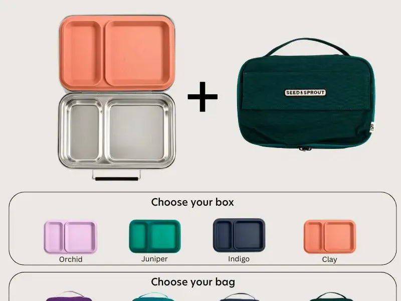 Stainless steel lunchbox with compartments and a separate insulated carrying bag.