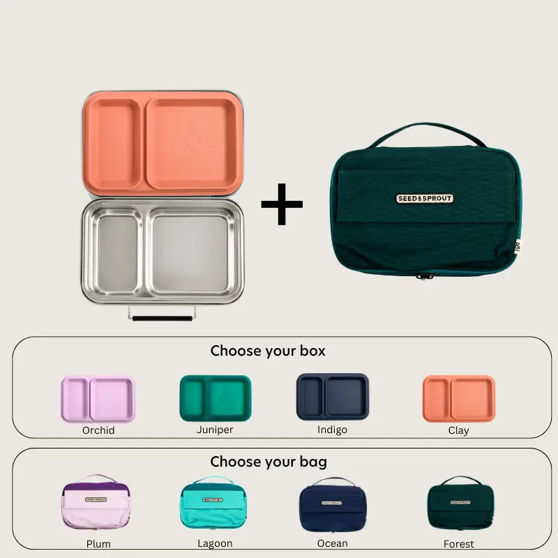 Stainless steel lunchbox with compartments and a separate insulated carrying bag.