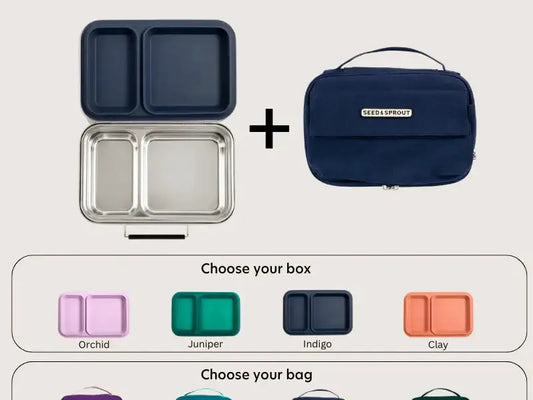 Stainless steel lunchbox with separate compartments and a matching insulated carrying bag, available in various color options.
