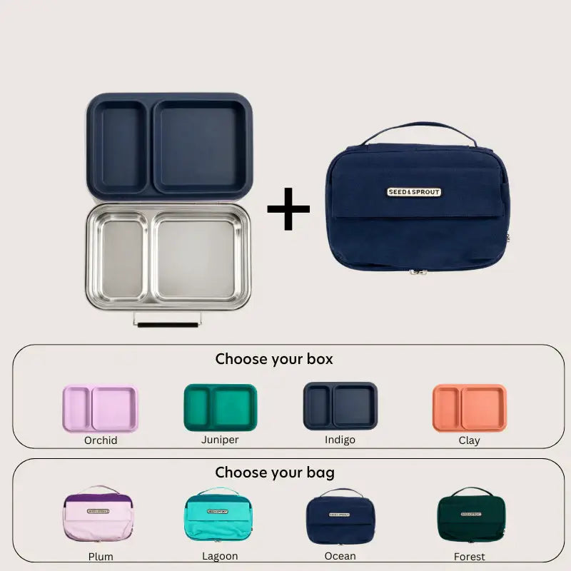 Stainless steel lunchbox with separate compartments and a matching insulated carrying bag, available in various color options.