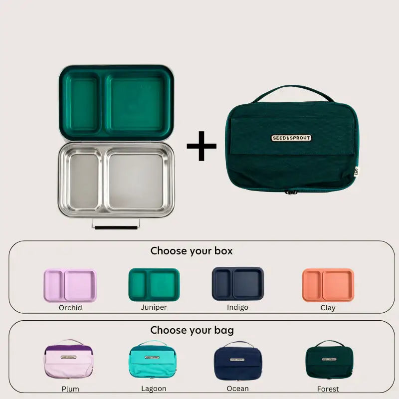 Stainless steel lunchbox with two compartments and a matching insulated carrying bag.