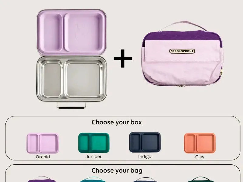 Stainless steel lunchbox with compartments and a separate insulated carrying bag, shown with color options.