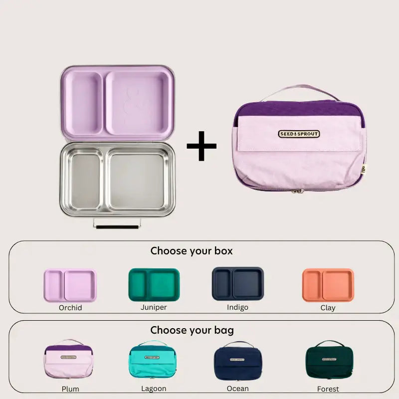 Stainless steel lunchbox with compartments and a separate insulated carrying bag, shown with color options.