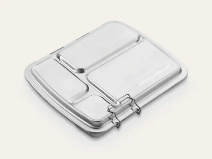 Compartmentalized metal lunchbox or food container with latches.
