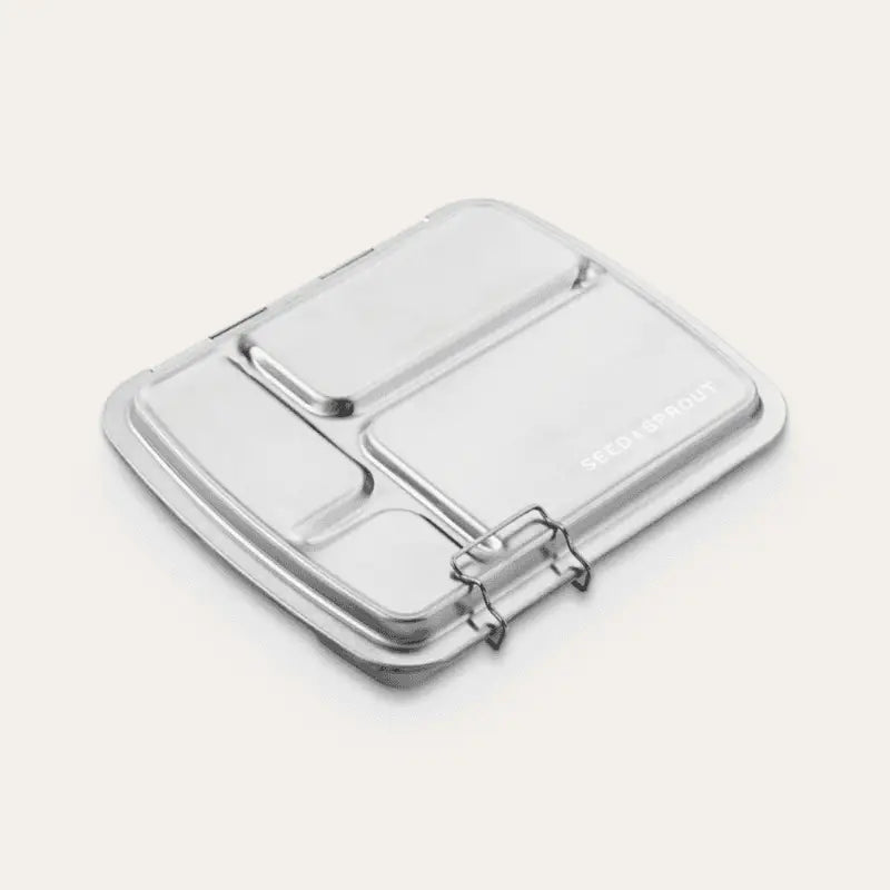 Compartmentalized metal lunchbox or food container with latches.