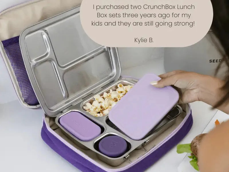 Purple and silver compartmentalized lunch box with multiple sections for food storage.