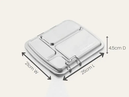 Compartmentalized food storage container with dimensions labeled.