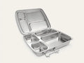 Stainless steel compartmentalized lunch box with multiple sections and a hinged lid.