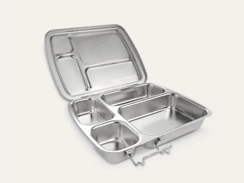 Stainless steel compartmentalized lunch box with multiple sections and a hinged lid.