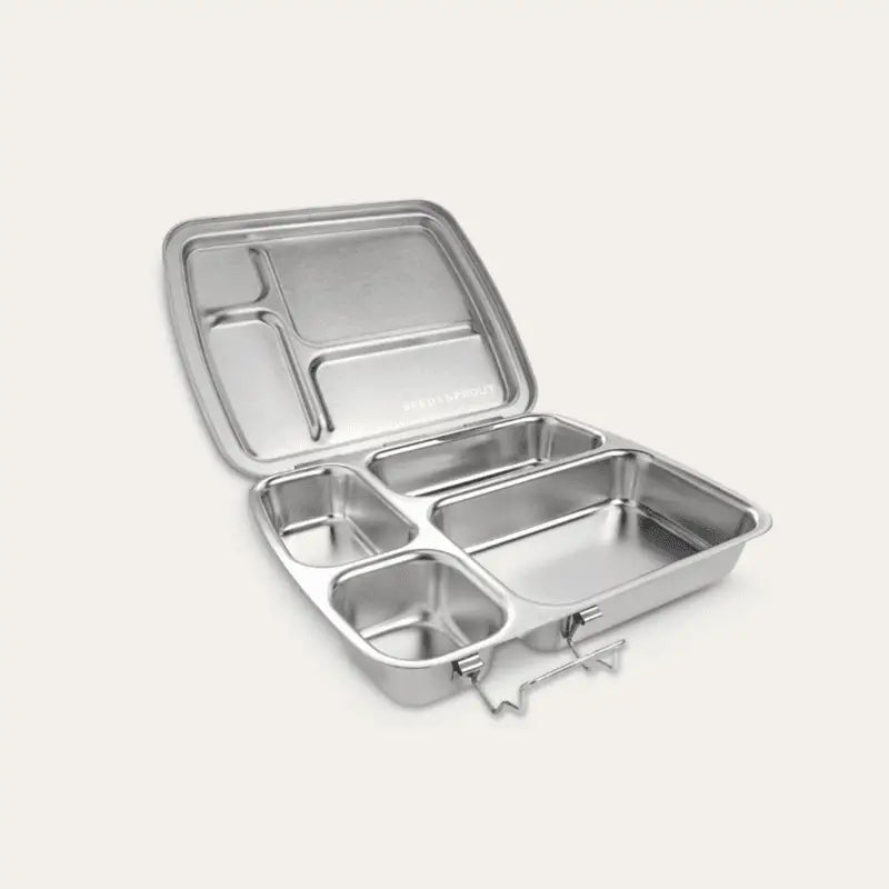 Stainless steel compartmentalized lunch box with multiple sections and a hinged lid.