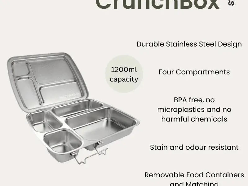 Stainless steel lunchbox with four compartments and a hinged lid.