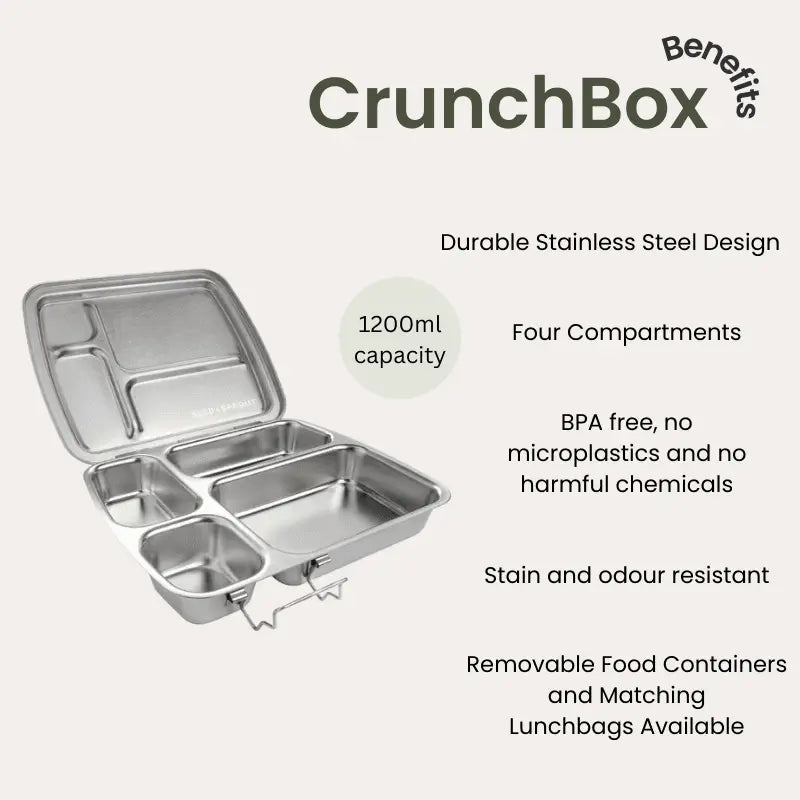 Stainless steel lunchbox with four compartments and a hinged lid.