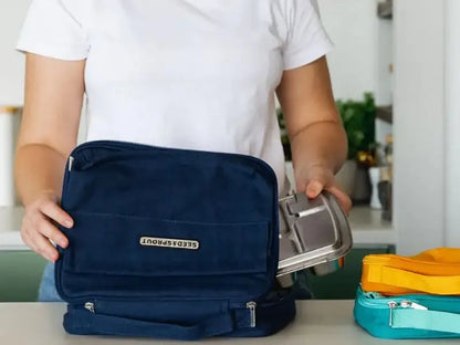 Navy blue insulated lunch bag with multiple compartments and a gold-colored logo.