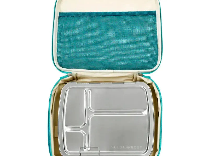 Teal and white insulated lunch box containing a compartmentalized metal tray.