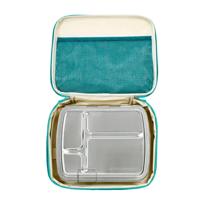 Teal and white insulated lunch box containing a compartmentalized metal tray.