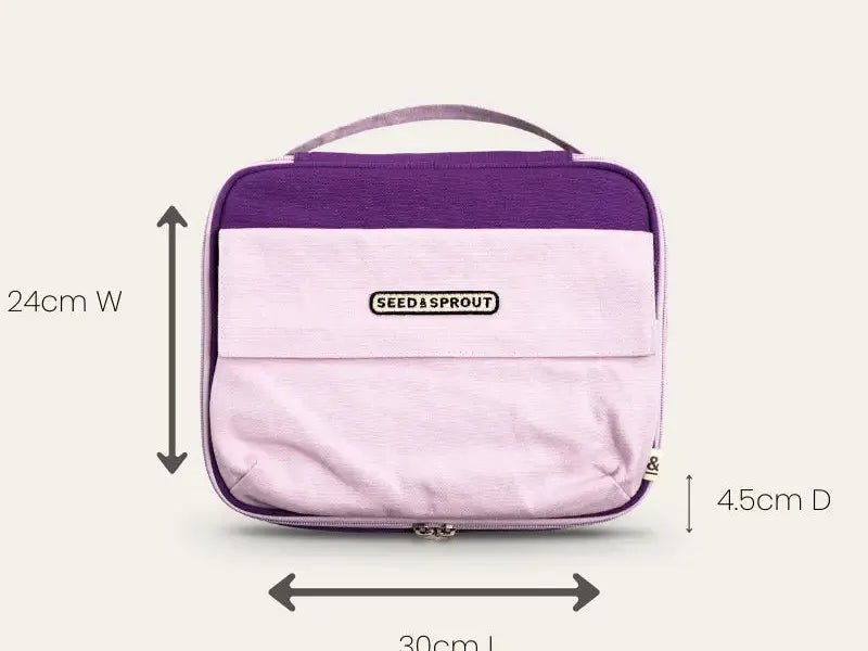 Two-toned purple and lilac rectangular lunch bag with a handle and ’LEAKPROOF’ label.