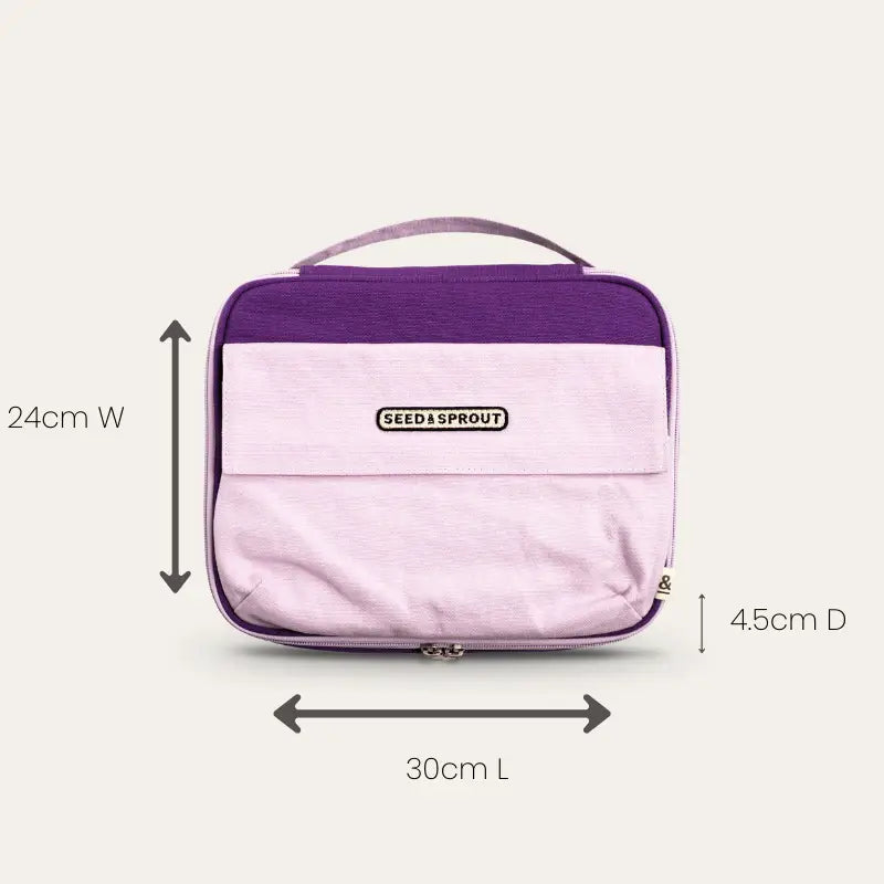 Two-toned purple and lilac rectangular lunch bag with a handle and ’LEAKPROOF’ label.