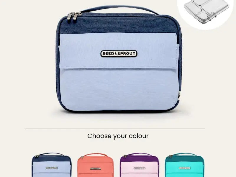 Rectangular insulated lunch bag with ’Needlespoon’ branding and color options shown below.