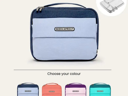 Rectangular insulated lunch bag with ’Needlespoon’ branding and color options shown below.
