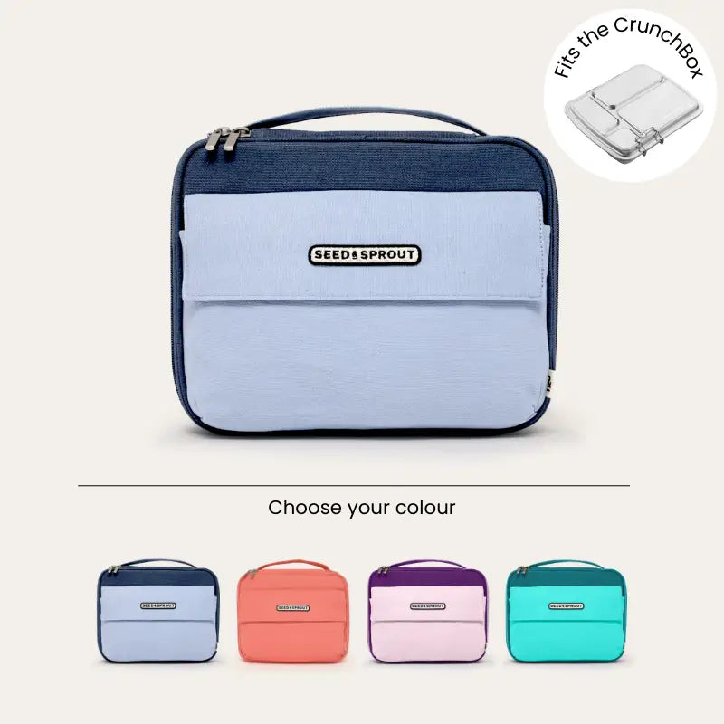 Rectangular insulated lunch bag with ’Needlespoon’ branding and color options shown below.