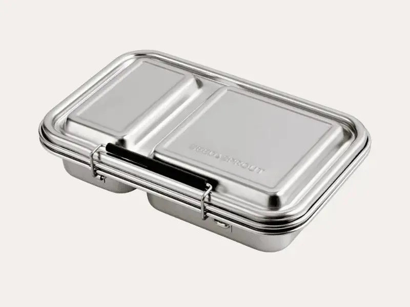 Stainless steel bento box or lunch container with two compartments and a secure latch.
