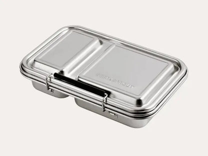 Stainless steel bento box or lunch container with two compartments and a secure latch.