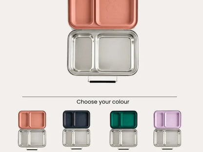 Divided metal lunch container with a colored top compartment and silver bottom compartment.