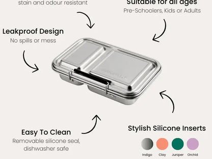 Stainless steel lunchbox with a leakproof design and silicone inserts.