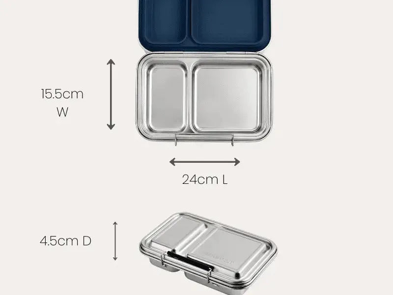 Stainless steel bento-style lunch container with two compartments and a lid.