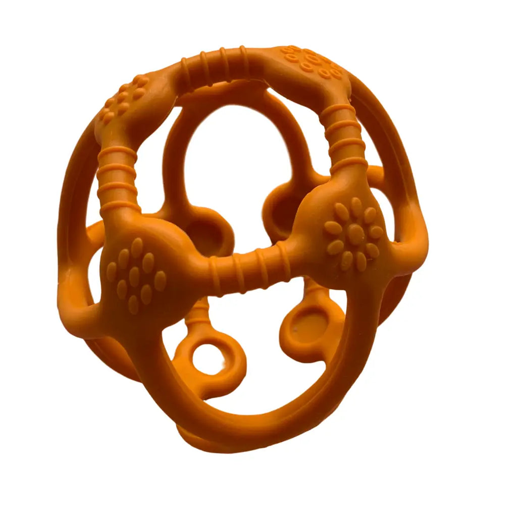 Orange teething toy with various textured shapes and loops.