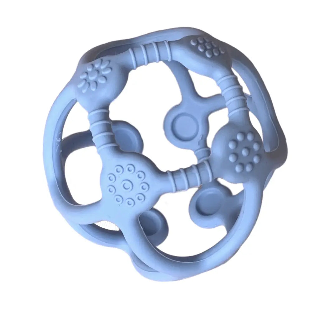 Blue teething toy with various textured surfaces and shapes.