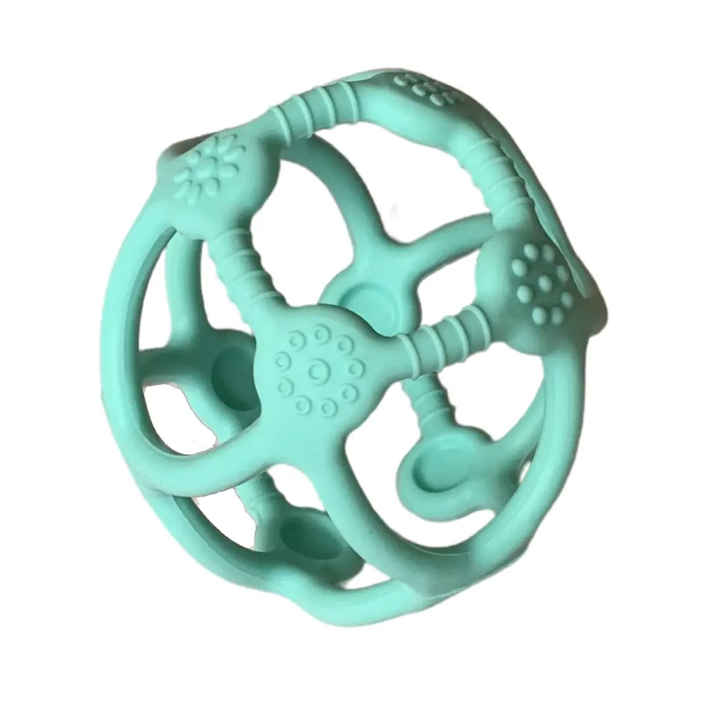 Mint green teething toy with various textured shapes and holes.