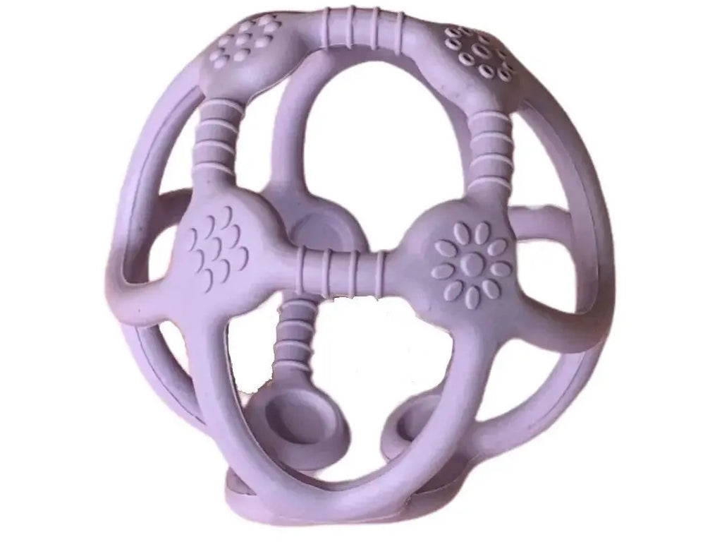 Spherical lavender teething toy with textured surfaces and openings.