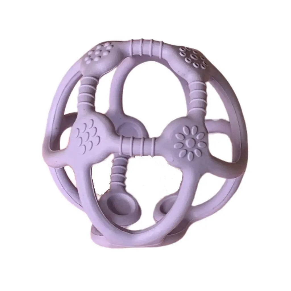 Spherical lavender teething toy with textured surfaces and openings.